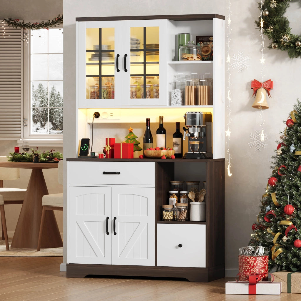 Credenza da cucina vintage con LED RGB, prese USB/AC, ripiani regolabili e cassetti, 105x40x185 cm