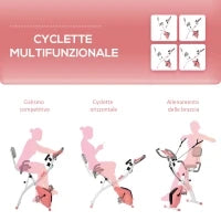 Cyclette Pieghevole 2 in 1, Resistenza Magnetica Regolabile 8 Livelli, Cyclette da Casa Silenziosa con Sensore di Frequenza Cardiaca, Elastici per Braccia, Schermo LCD, Volano 2.5kg, Rosa