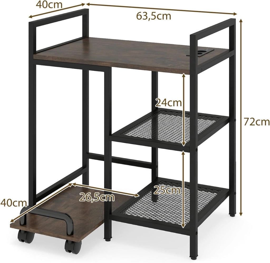 Tavolo per stampante con prese, tavolino ausiliario a 3 livelli con ripiano mobile con ruote, 63,5 x 40 x 72 cm, supporto per stampante per ufficio, camera da letto, soggiorno (marrone)
