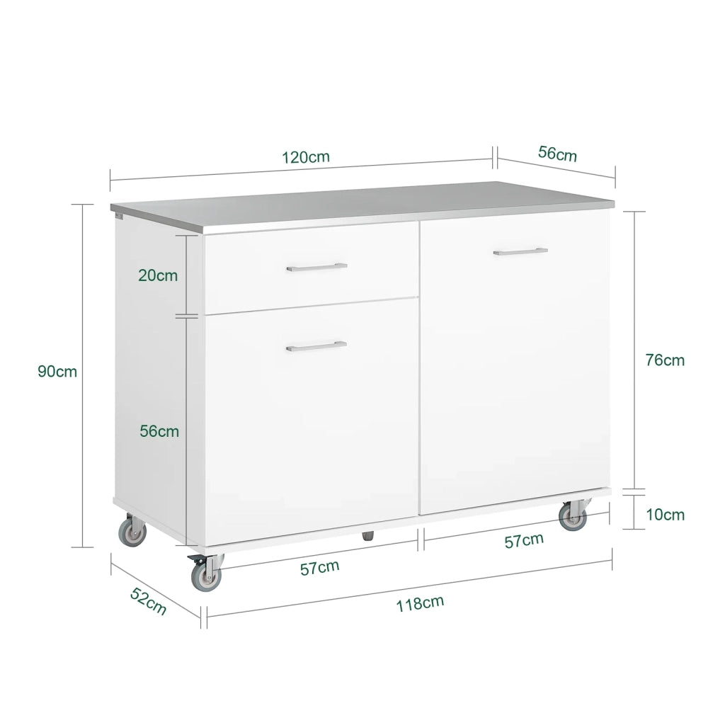 Carrello Da Cucina Isola Cucina Con Piano Di Lavoro Credenza Con Ruote Carrello Bianco 120x56x90cm FKW117-W