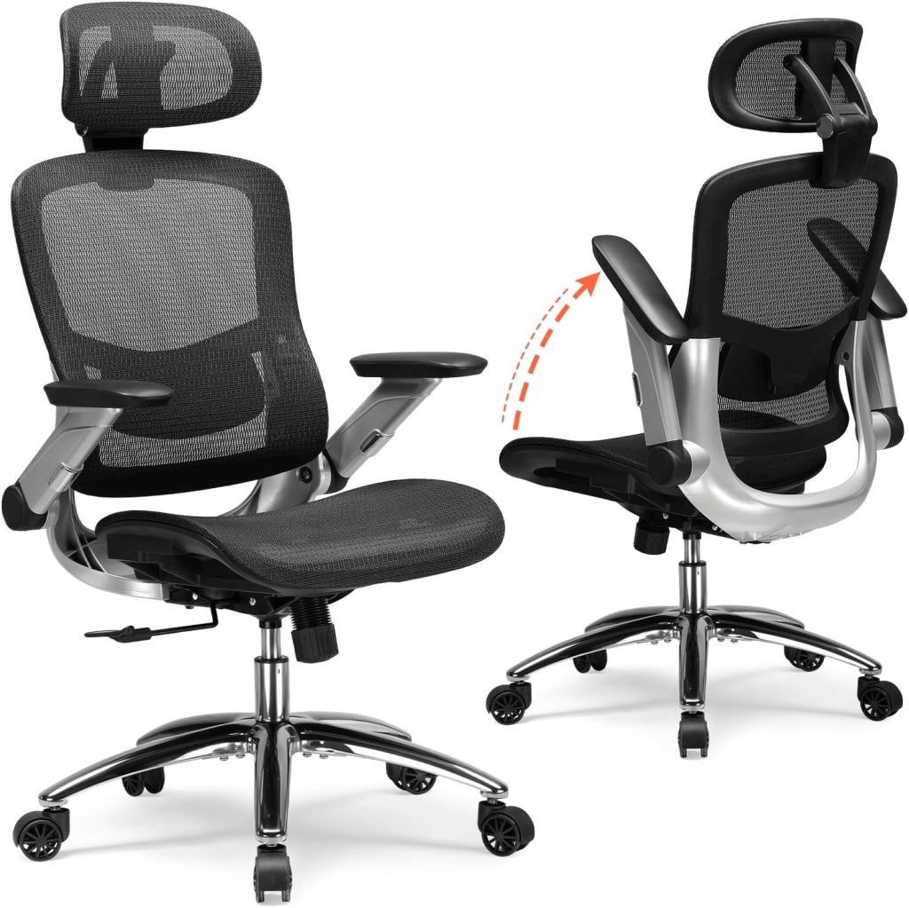 Sedia da ufficio ergonomica da scrivania con mesh, poggiatesta 2D, braccioli 4D, schienale alto con bilanciere e bloccaggio (90-125°), seduta extra larga, portata 180 kg, colore nero