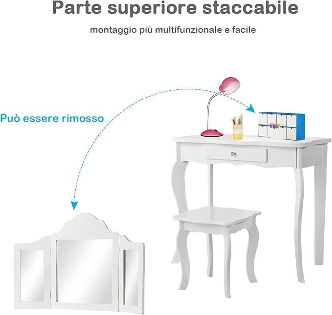 2-in-1 Toeletta Trucco Bambina, Tavolo da Trucco per Bambini con 3 Specchio e Sgabello, Postazione Trucco con 1 Cassetto, 3-7 Anni (Bianco)