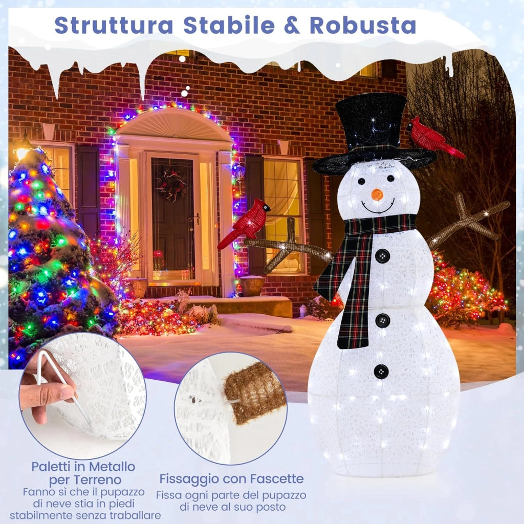 Pupazzo di Neve con luce a LED, Decorazione Natalizia con Luce Incorporata, Pupazzo di Neve e Uccello Rosso, per Giardino Cortile, 127 cm