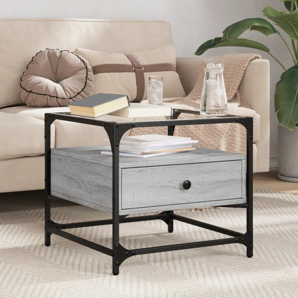 Tavolino da salotto | Tavolino da caff¨¨ | Tavolino da Soggiorno con Piano in Vetro Grigio Sonoma 50x50x45 cm Acciaio
