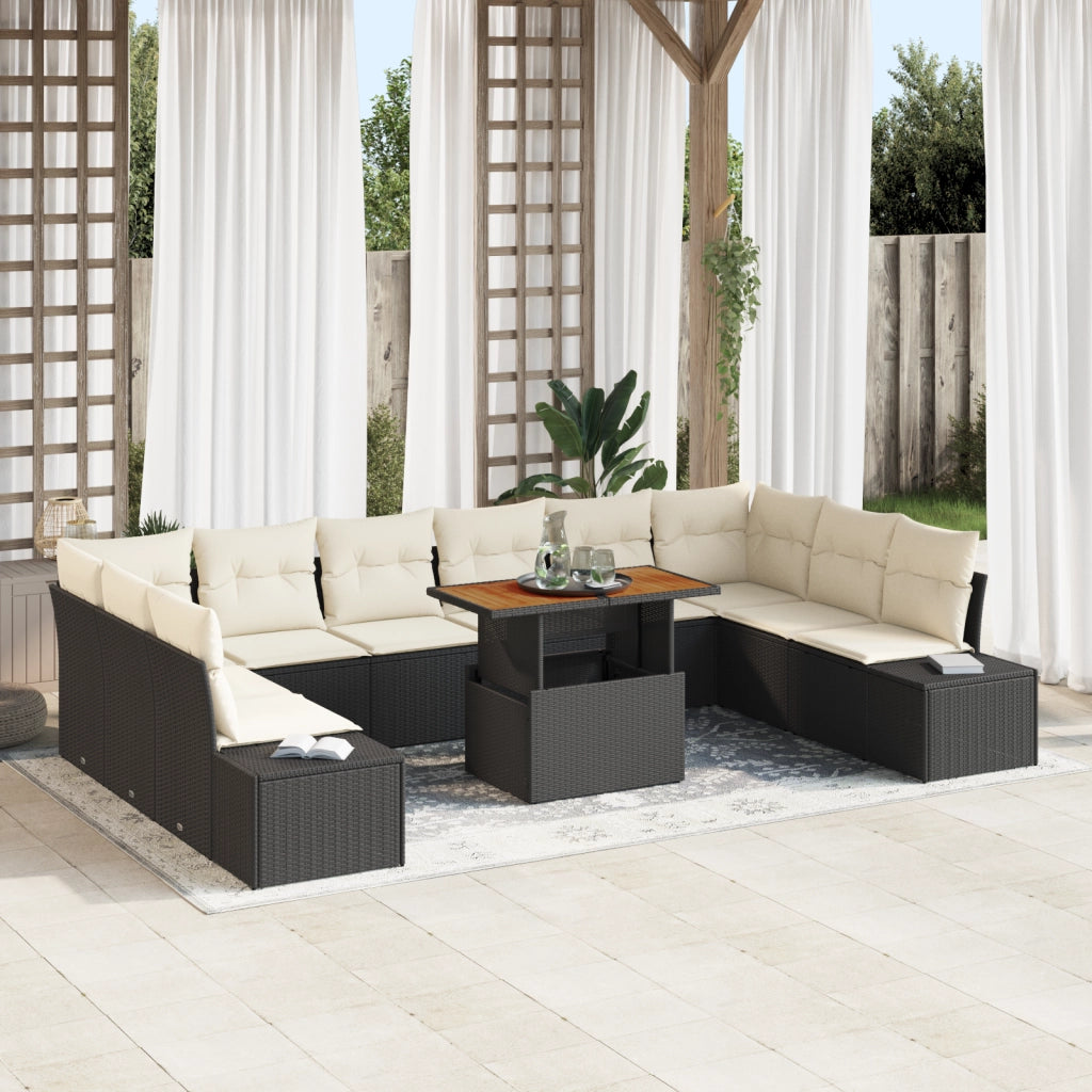 Set Divano da Giardino da 11 Pezzi con Cuscini Nero in Rattan Polimerico