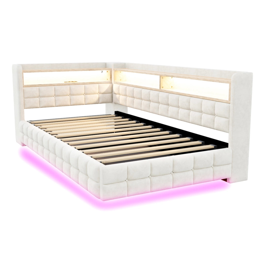Divano letto imbottito 90x200 cm in velluto beige con contenitore; LED e USB