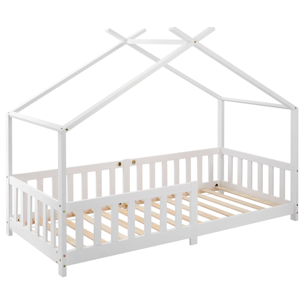 OKWISH Letto a Casetta 90×200 cm, Letto Singolo con Sponde di Sicurezza, Spazio Contenitore, senza Materasso, in Legno Massello, Bianco