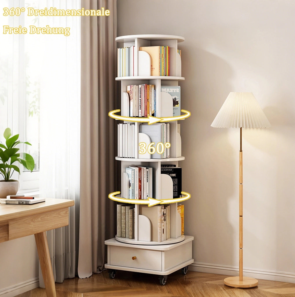 LIBRERIA Girevole 360° con cassetto e ruote Bianca in MDF