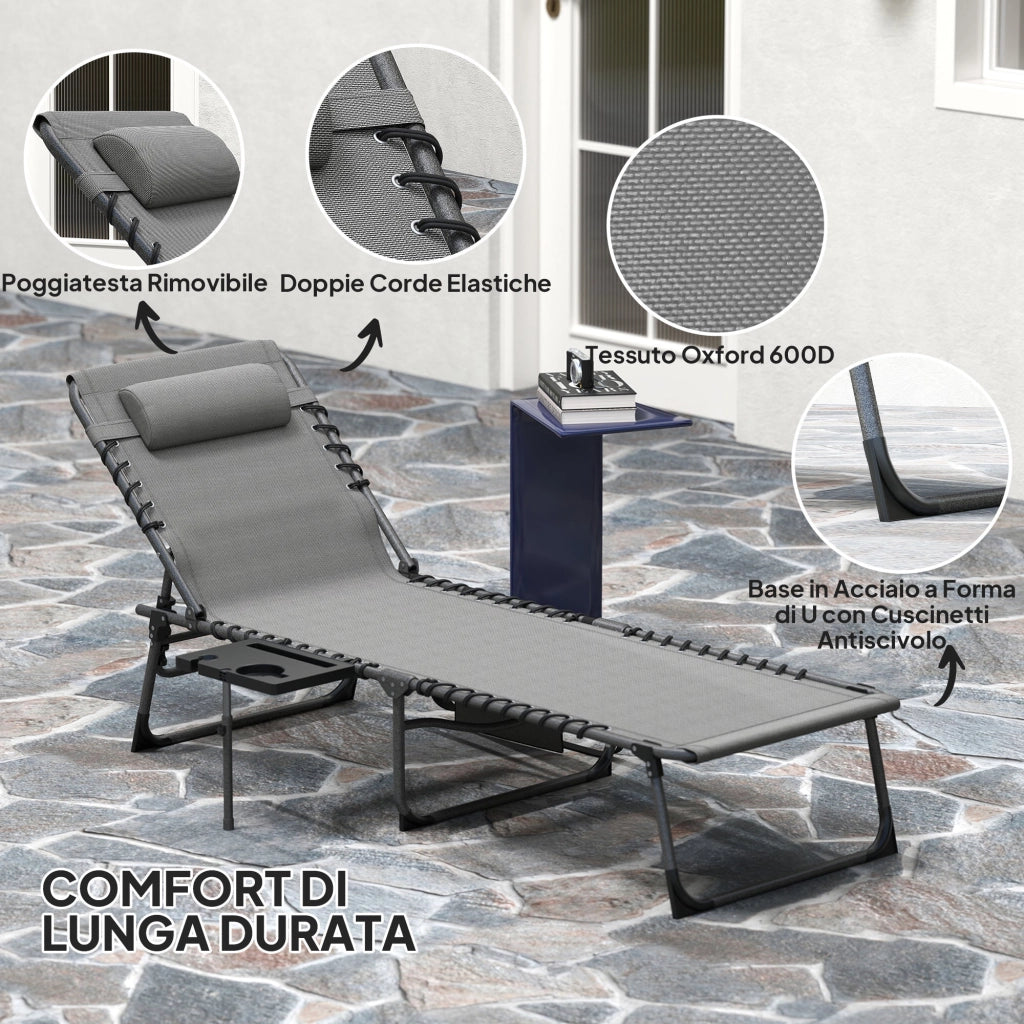 Sdraio da Giardino Pieghevole 60x190x31 cm Reclinabile a 5 Livelli con Tavolino Laterale e Tasca Grigio e Nero