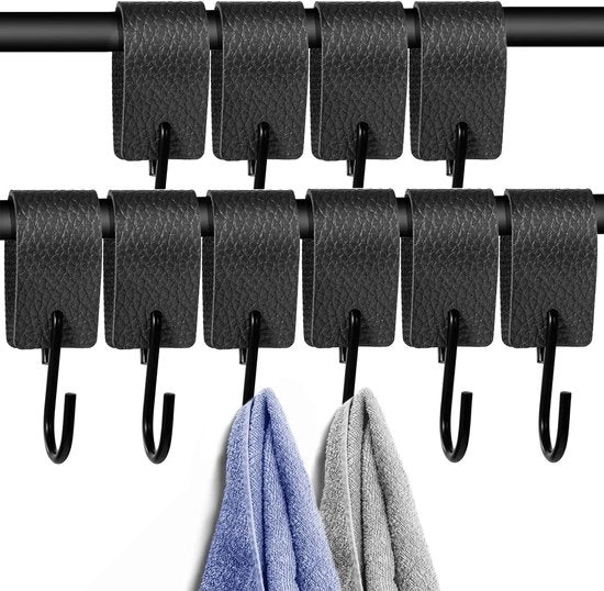 Ganci a S - Ganci multifunzionali in stile - Nero con Cerniere in Pelle - Adatti per Cucina e Bagno