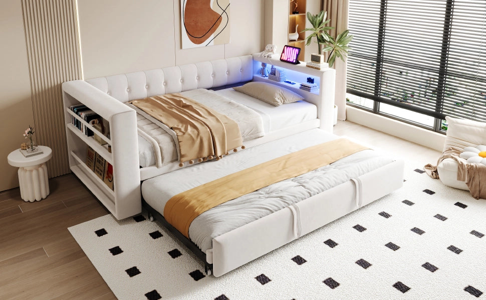 DESMIU Divano letto 90/180 × 190 cm 2 posti con LED, prese e vani portaoggetti, senza materasso, beige