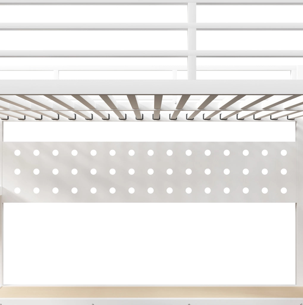 Letto a soppalco 140x200 cm con scrivania, 3 cassetti, LED e presa in metallo e MDF bianco