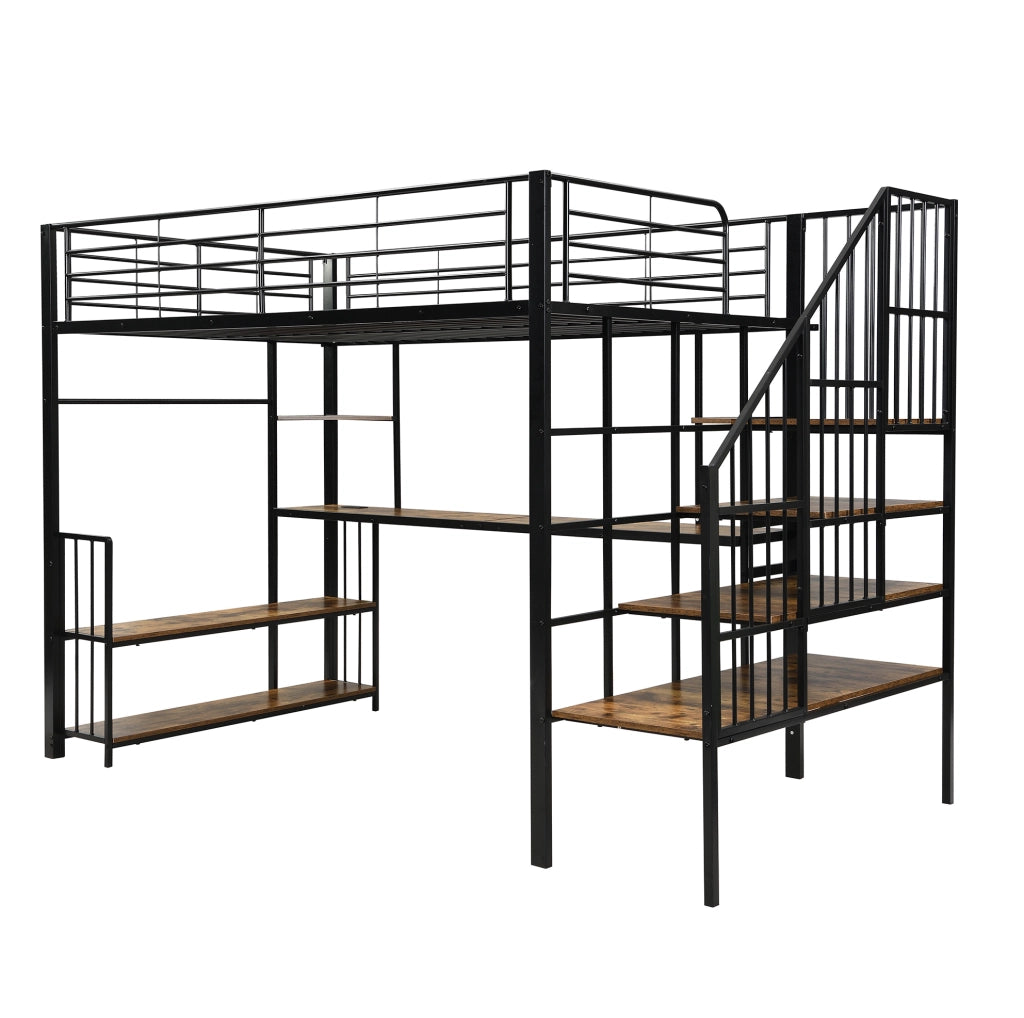 Letto a soppalco 120x200 cm con scala laterale; porta di ricarica e appendiabiti in metallo e MDF nero e noce scuro