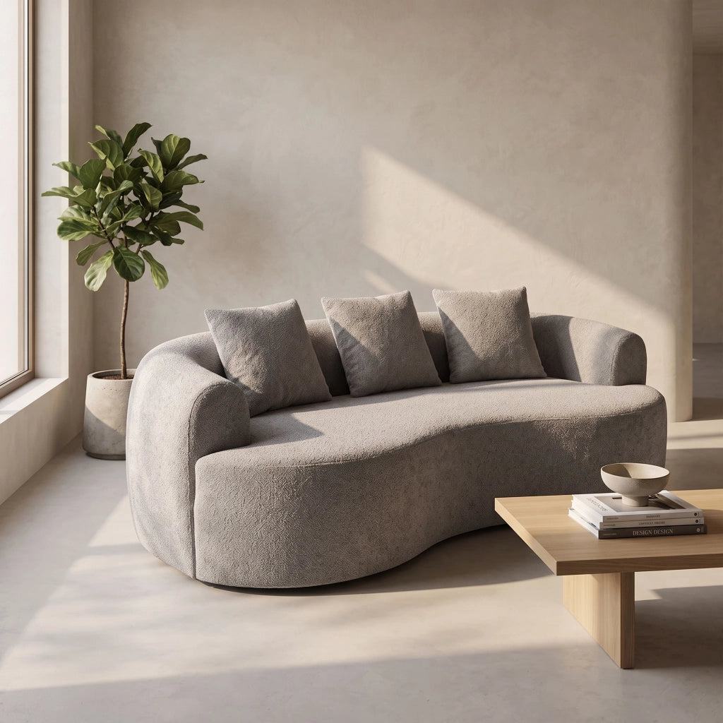 Yoko - Divano Angolare Curvo 200x62x105 a Compressione in Tessuto Bouclé Grigio