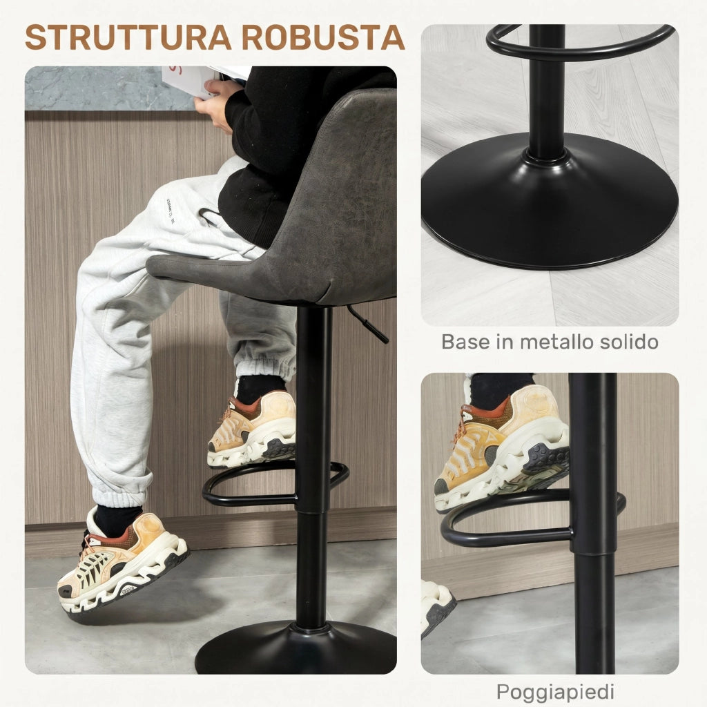 Set 2 Sgabelli da Bar Moderni con Schienale, Poggiapiedi e Altezza Regolabile, Grigio