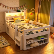 Letto multifunzione per bambini 90x200 cm in legno bianco con LED; USB e vani contenitore