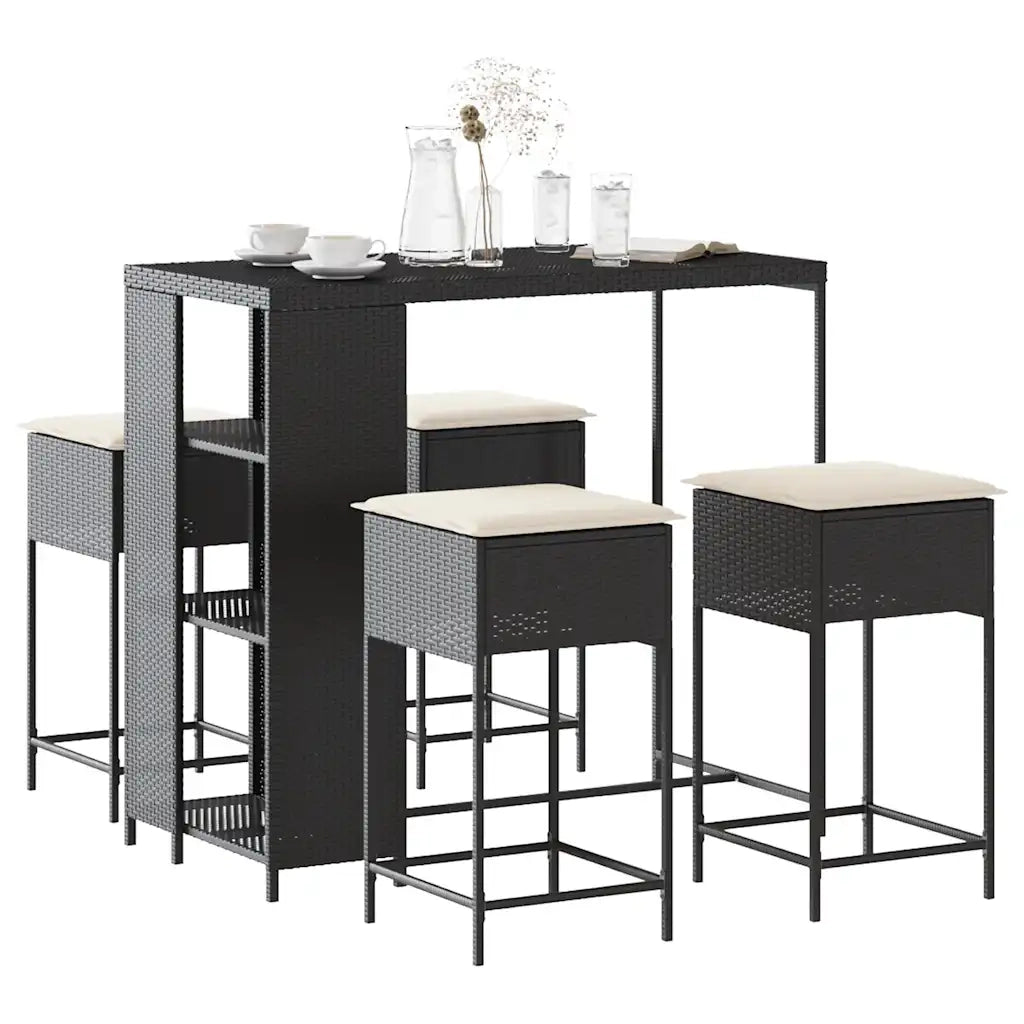 Set Bar da Giardino 5 pz | Set Salotto da Giardino con Cuscini in Polyrattan Nero