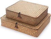 Scatole di Stoccaggio Dadi Erba di Mare - Raccoglitore Rettilineo Assi di Legno - Pannelli Intrecciati Naturali Pieghevole - Set a 2 pezzi - Grande - Piccolo