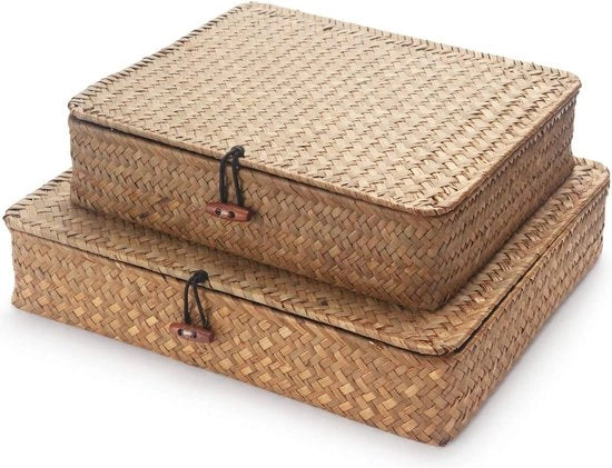 Scatole di Stoccaggio Dadi Erba di Mare - Raccoglitore Rettilineo Assi di Legno - Pannelli Intrecciati Naturali Pieghevole - Set a 2 pezzi - Grande - Piccolo