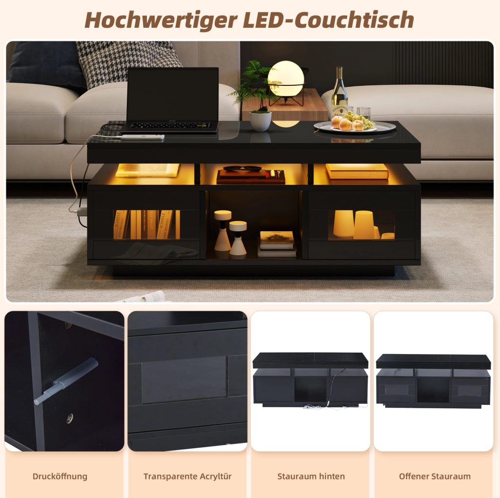 Tavolino da salotto nero lucido con LED e ricarica USB