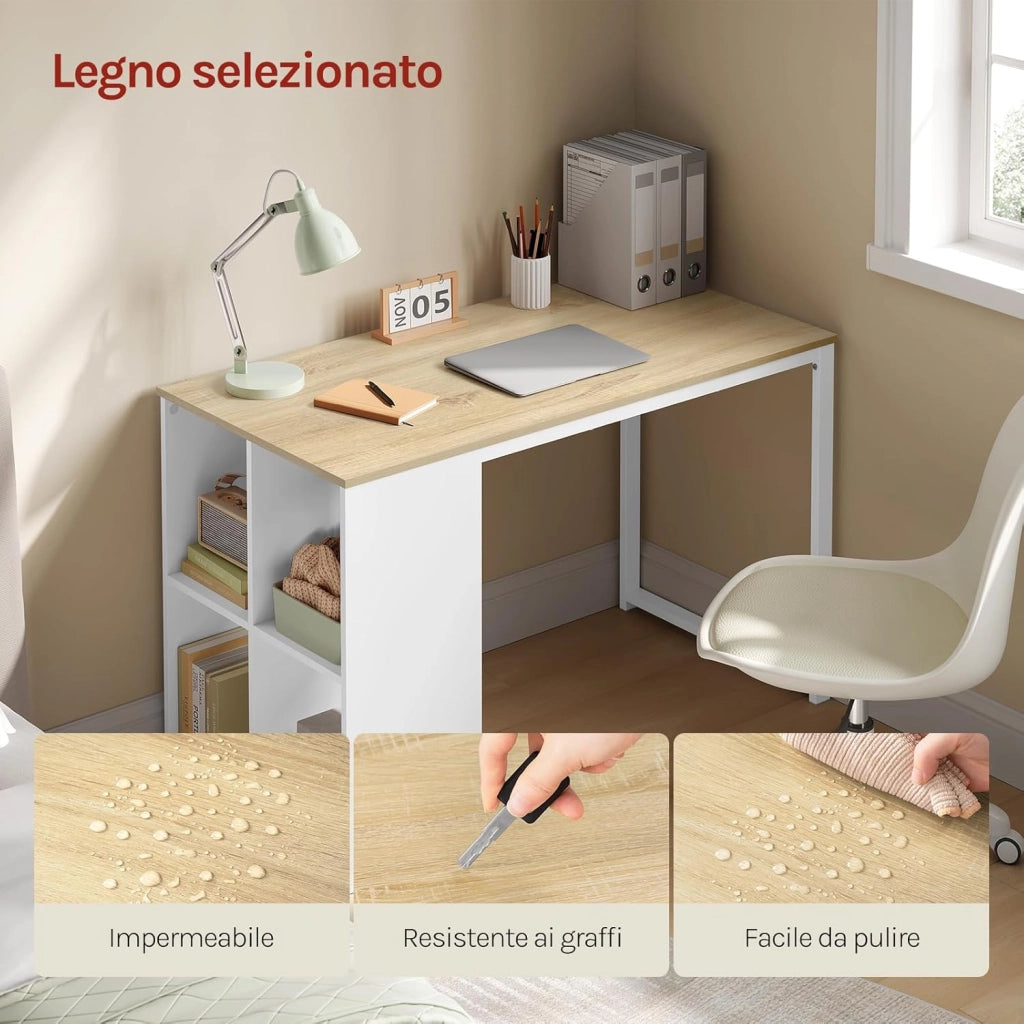 Scrivania Ufficio Compatta con Libreria Integrata, 120x60x75 cm, Design Salvaspazio per Studio/Camera, Bianco+Rovere Naturale