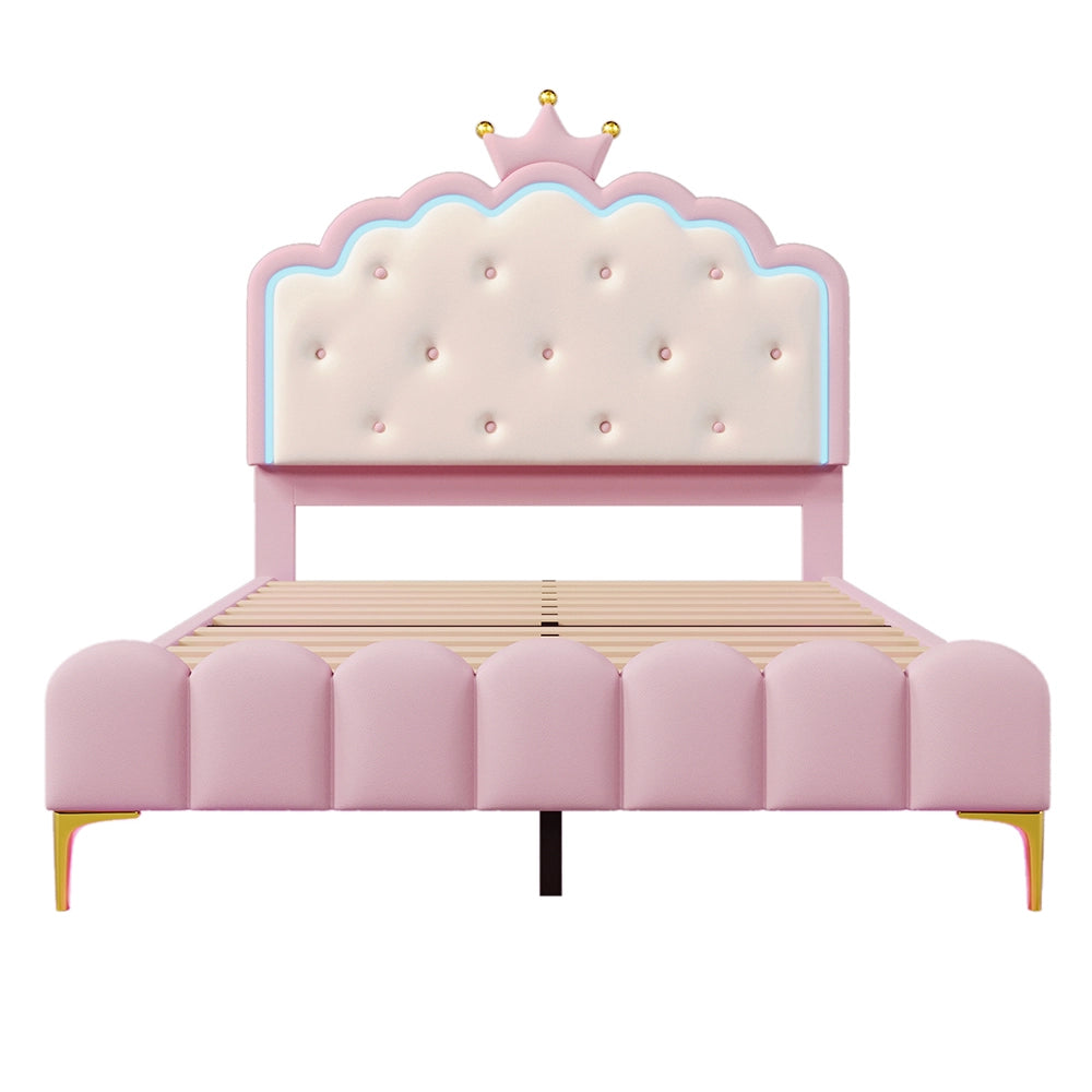 Letto imbottito 140x200 cm - Xylo - Luce ambientale telecomando forma principessa PU rosa