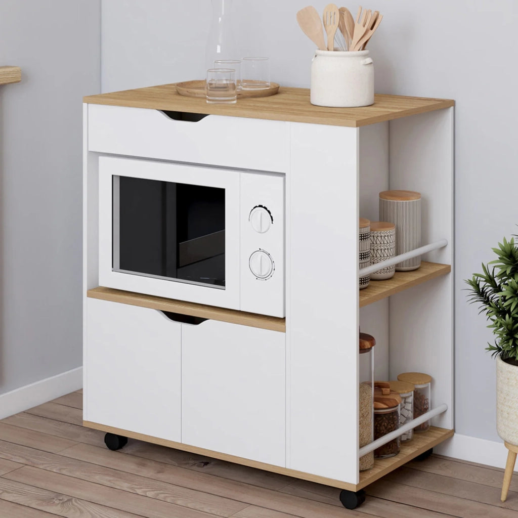IDMarket - Credenza COSI per microonde con cassetto e ripiani per spezie in legno bianco e vassoi in faggio L.76 cm