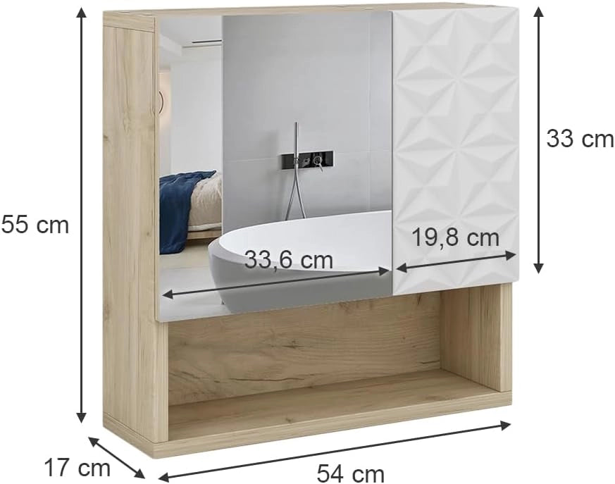 Specchio contenitore bagno Edge, Bianco, 54 x 55 cm con anta e vani a giorno, per la conservazione in bagno con meccanismo push-to-open