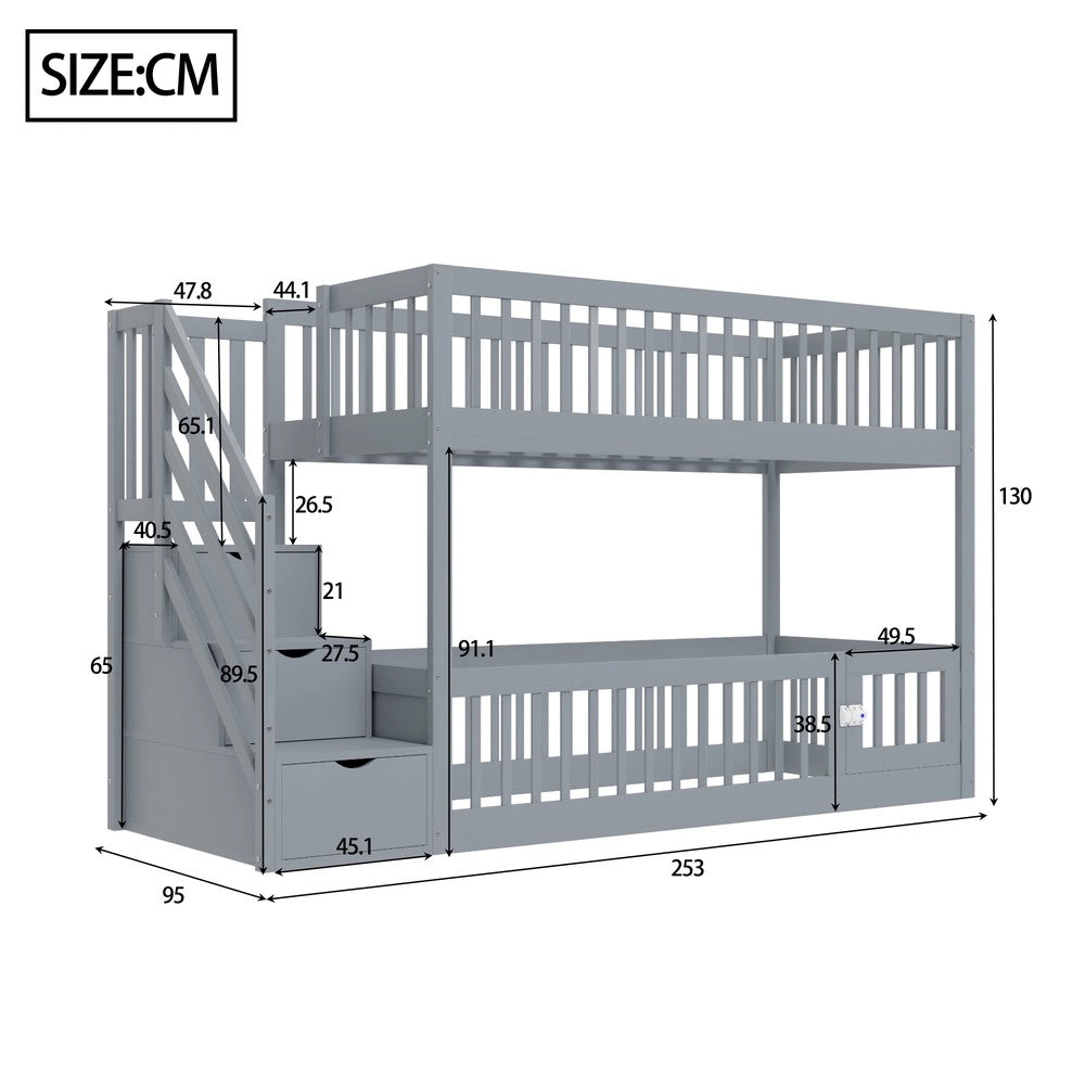 Letto a Castello 90x200 con Cassetti e Scaletta ¨C MINIMAL ¨C Grigio, Legno