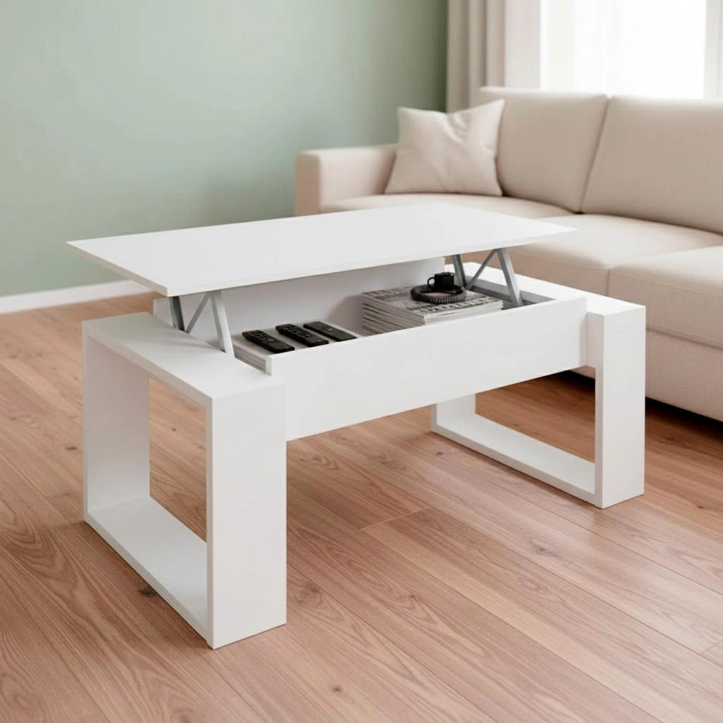 Tavolino Da Caffè Con Piano Sollevabile Rialzabile Tavolo Moderno Salvaspazio Per Soggiorno E Pranzo Ideale Per Mangiare Lavorare E Organizzare Il Living 105 X 55 X 45 Cm Bianco