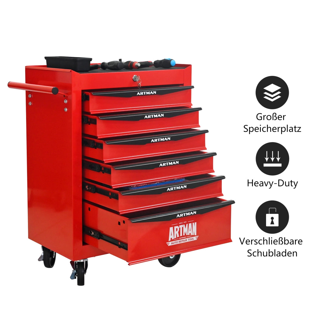 Mobile contenitore con 6 cassetti e ruote, chiudibile, in acciaio, per garage e officina, rosso e nero, 60 × 33 × 77,5 cm