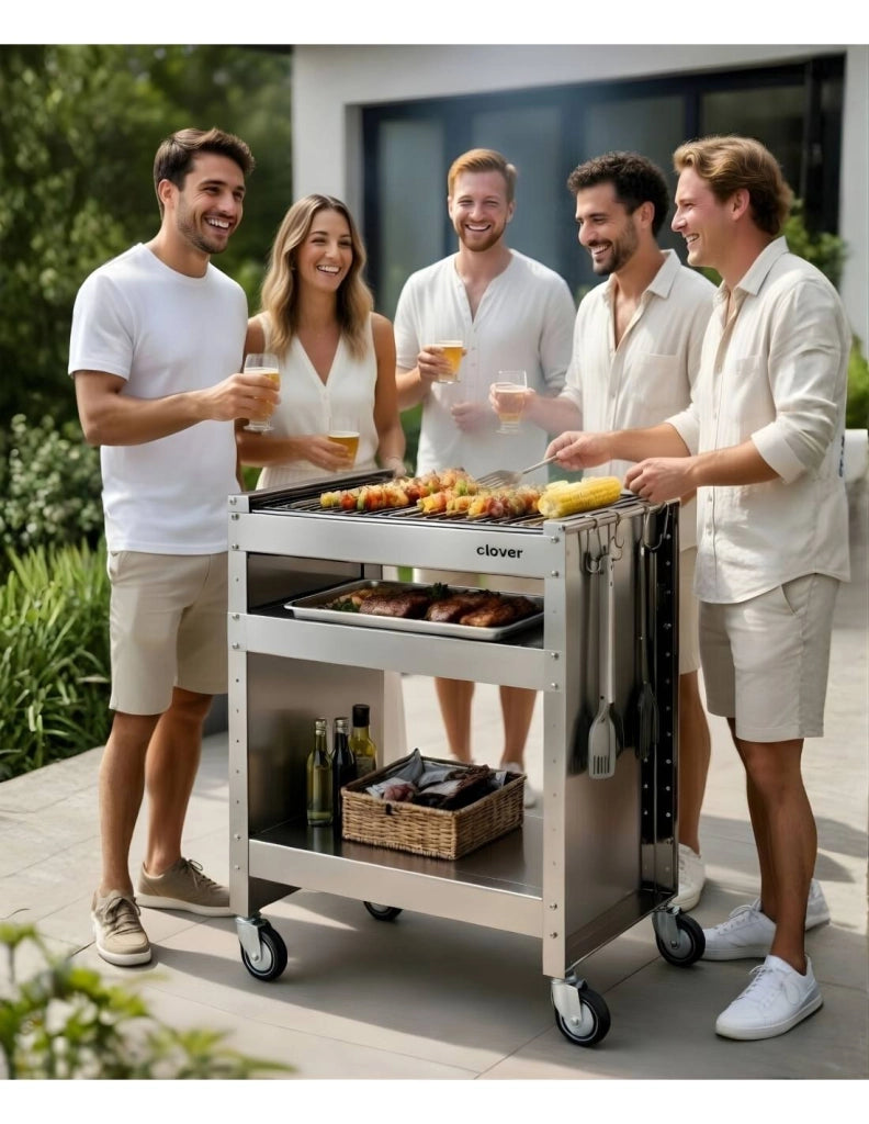 Barbecue a carbone con ruote, Struttura e Griglia in Acciaio Inox, 59 x 40,50 x 82 cm. CLOVER