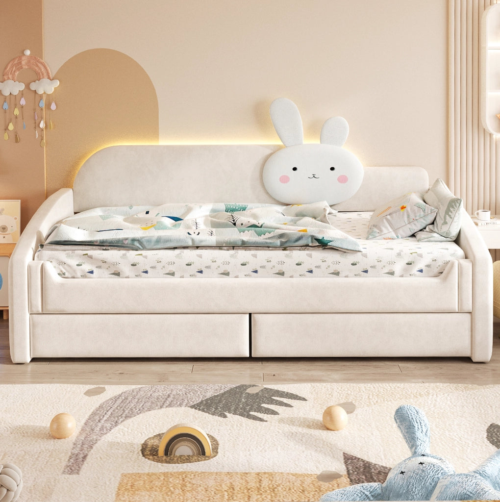 Letto divano per bambini 90x200 cm beige con LED e cassetti
