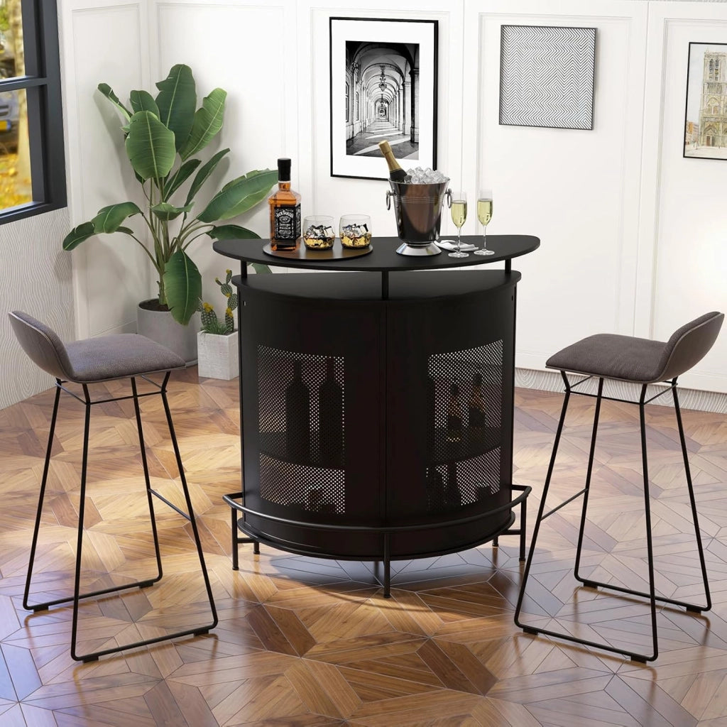 Mobile da bar con ripiani e 3 file di portabicchieri, tavolo da bar curvo con parte anteriore in rete e poggiapiedi in metallo, 6 gambe regolabili, 110,5 x 48 x 112,5 cm, credenza per cucina