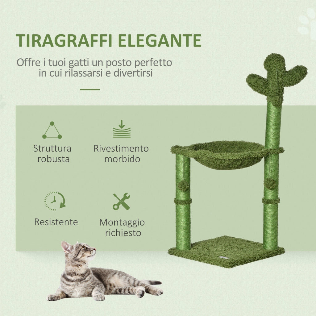 Tiragraffi Albero Cactus con Palline e Amaca per Gatti ¨C zephmum ¨C Verde 40x40x96cm