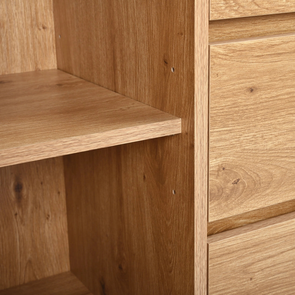 Credenza e madia ovale con ante scorrevoli, 3 cassetti e ripiani regolabili, in MDF e rattan, naturale, 140 × 38 × 77,5 cm