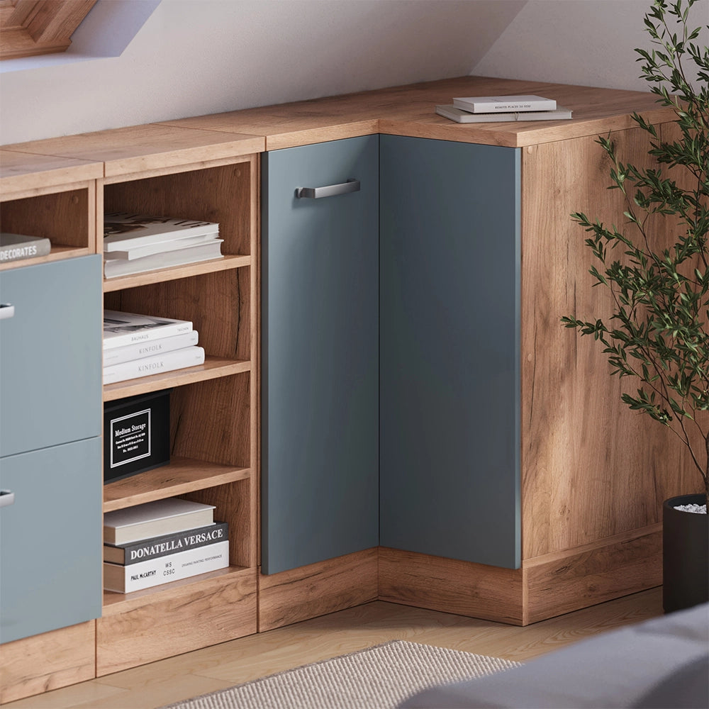 Mobile cucina angolare per sottotetto R-Line Grigio-blu/Rovere dorato 75.6 cm con 1 porta, carcassa dell’armadio profondità 60 cm Vicco