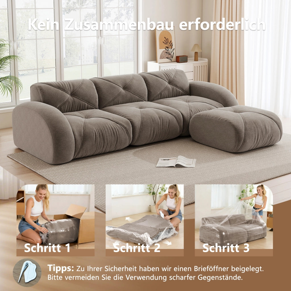 Divano modulare a L con pouf e seduta in schiuma 32D, in ciniglia tortora 281 × 171 × 76 cm