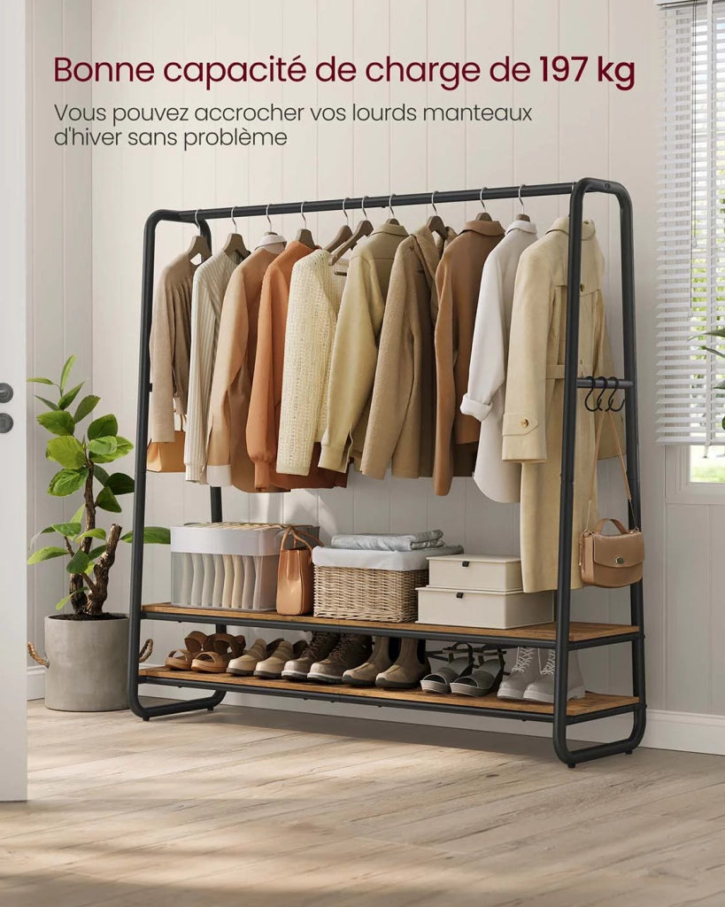 Appendiabiti industriale robusto appendiabiti con 2 ripiani 6 ganci a S struttura in acciaio per camera da letto stile industriale marrone rustico e nero 12_0006996