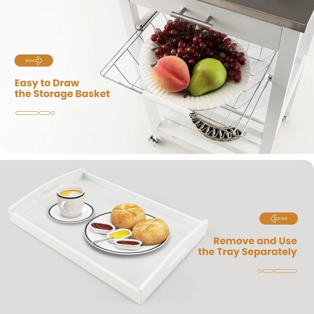 Carrello da Cucina a Rotelle con Mensole, Cassetto, Carrello di Servizio, Stile Moderno per Cucina e Soggiorno, 47x39x85 cm, Bianco/Nero (Bianco)