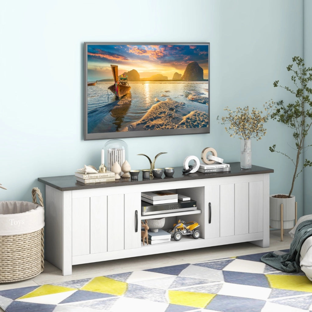 Mobile TV da 145cm con 2 ante ripiani aperti 2 fori passacavi-Tavolino TV in legno per soggiorno Grigio Scuro
