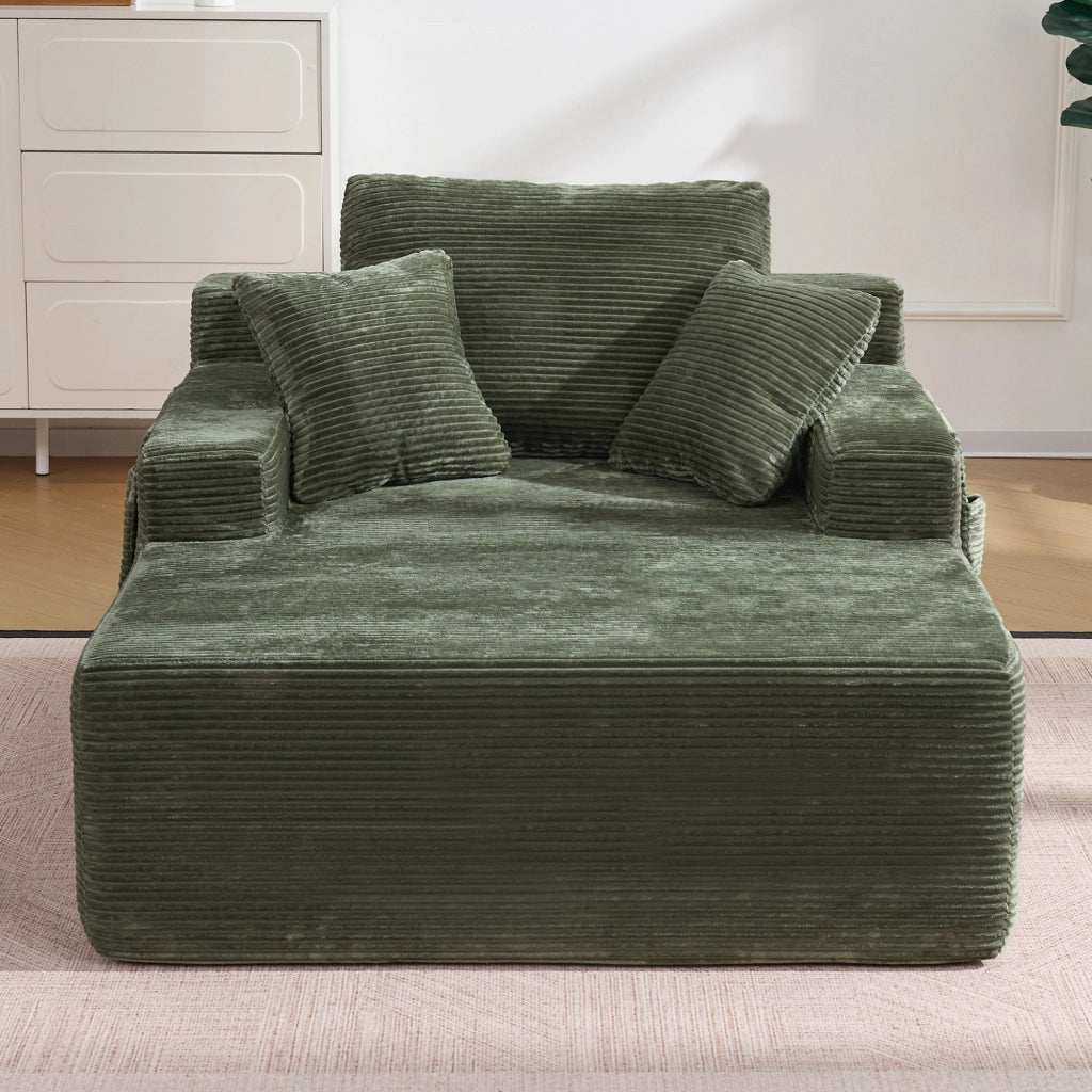 Divano comodo in velluto a coste con tasche laterali e cuscini, struttura stabile, per soggiorno e relax, verde