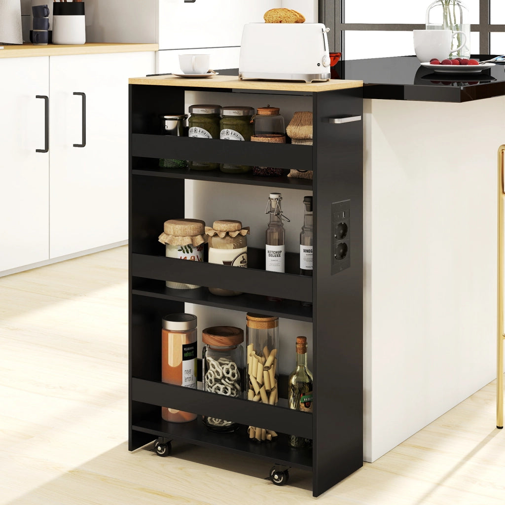 Carrello da cucina 4 ripiani con stazione di ricarica maniglia e parapetti-Scaffale stretto a sfilo con ruote bloccabili per cucina  Nero  20cm
