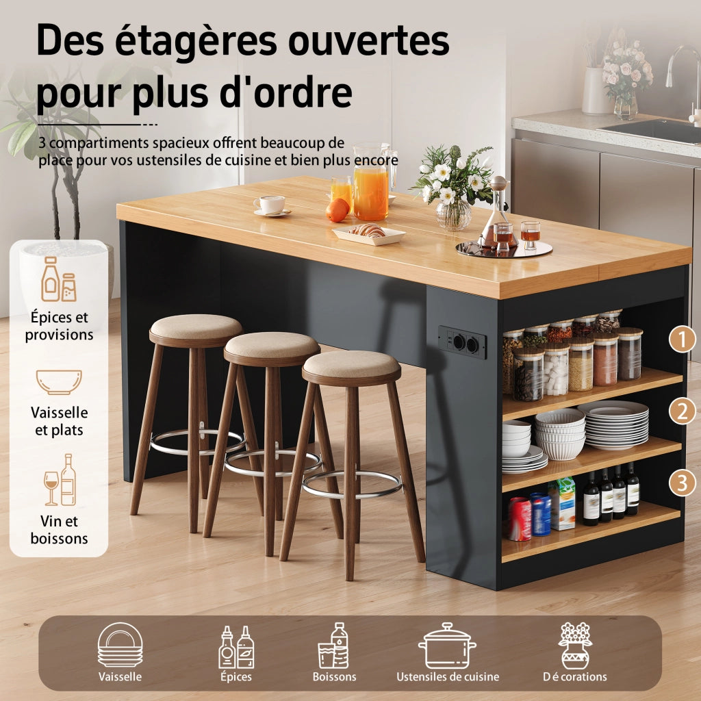 Isola da cucina con 3 vani aperti; LED; prese e porte USB per cucina e sala da pranzo; 155 × 80 × 90 cm