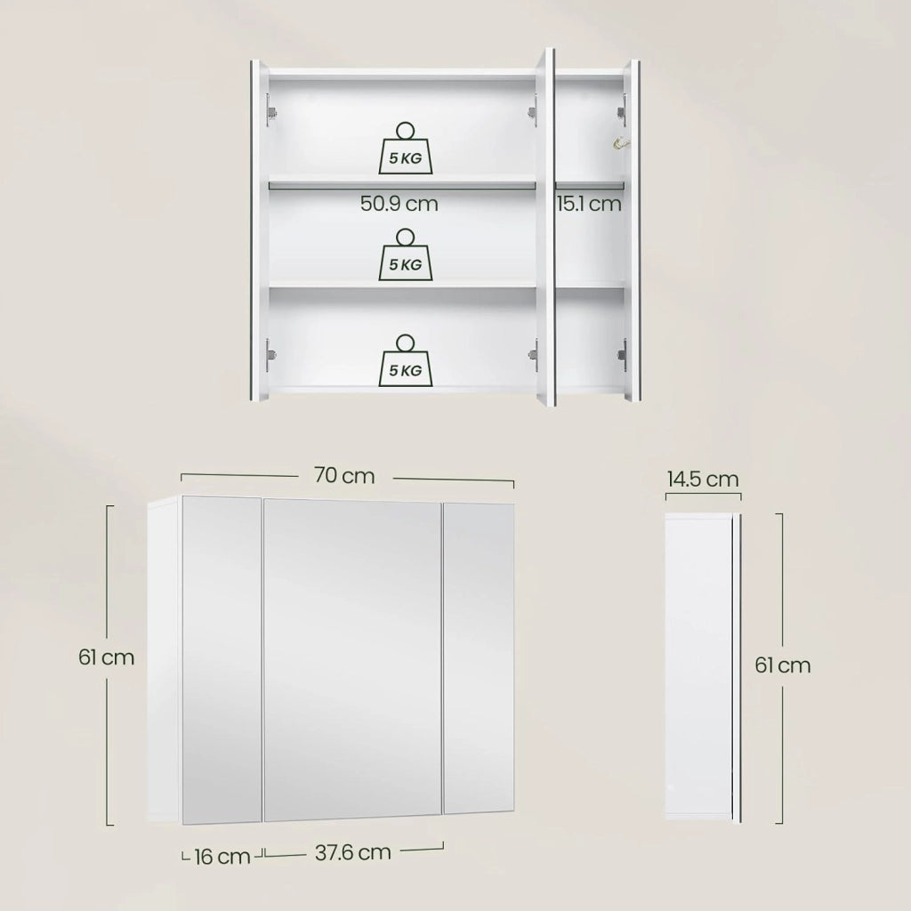 Armadietto Bagno con Specchio, Mobile Bagno Sospeso, con 3 Ante, Ganci, Ripiani Regolabili, Stile Nordico, Bianco, 70x14,5x61 cm