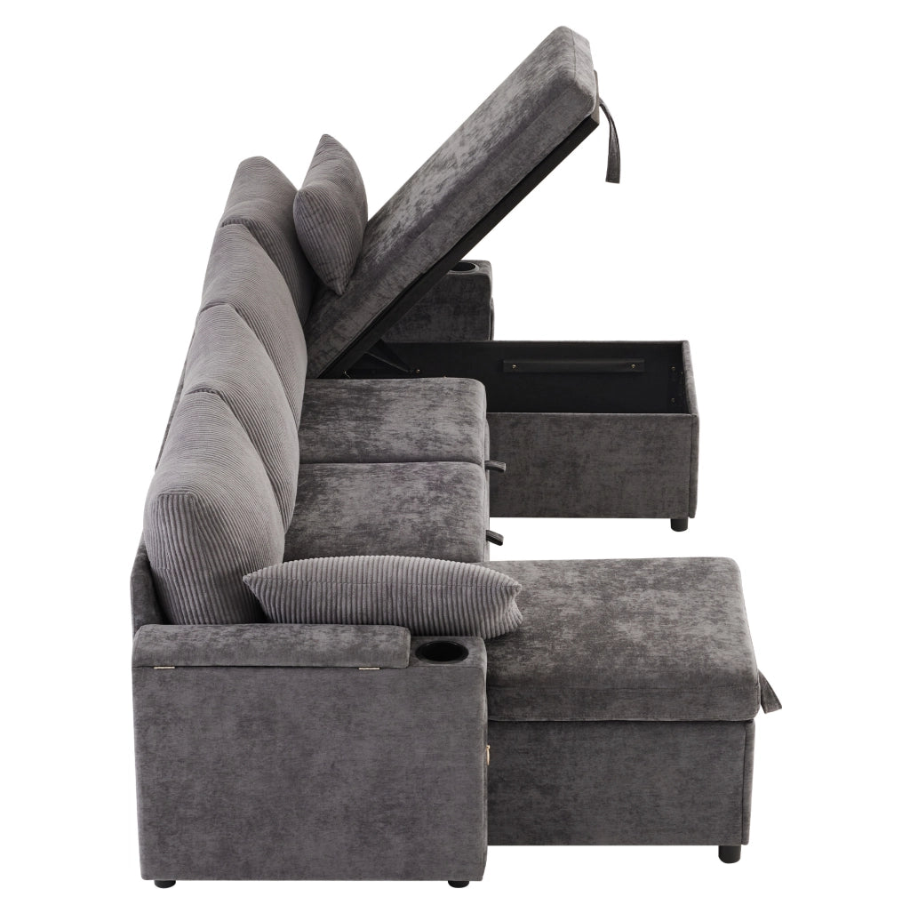 Divano letto modulare a U; 4 posti; con contenitore e portabicchieri; 272 x 131 x 84 cm; grigio