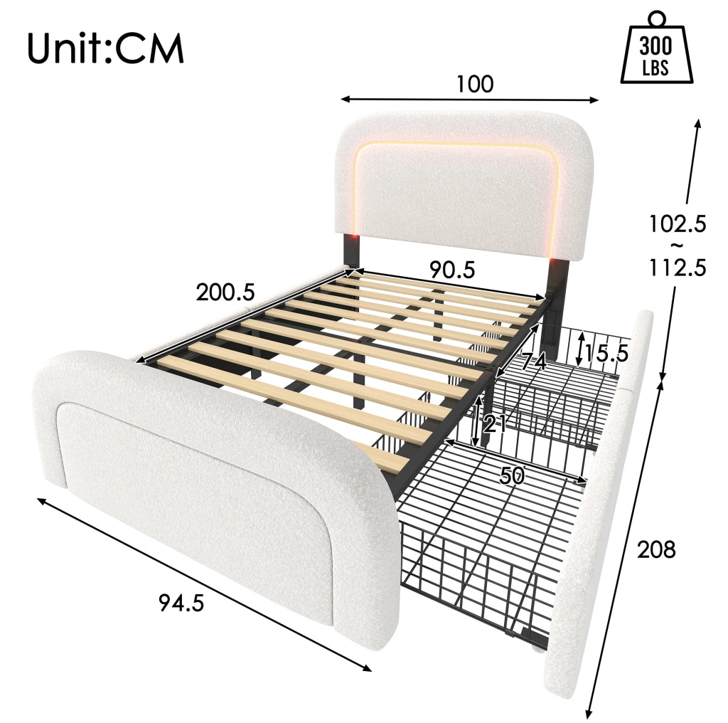 Letto singolo imbottito 90x200 cm con materasso, LED e USB-C