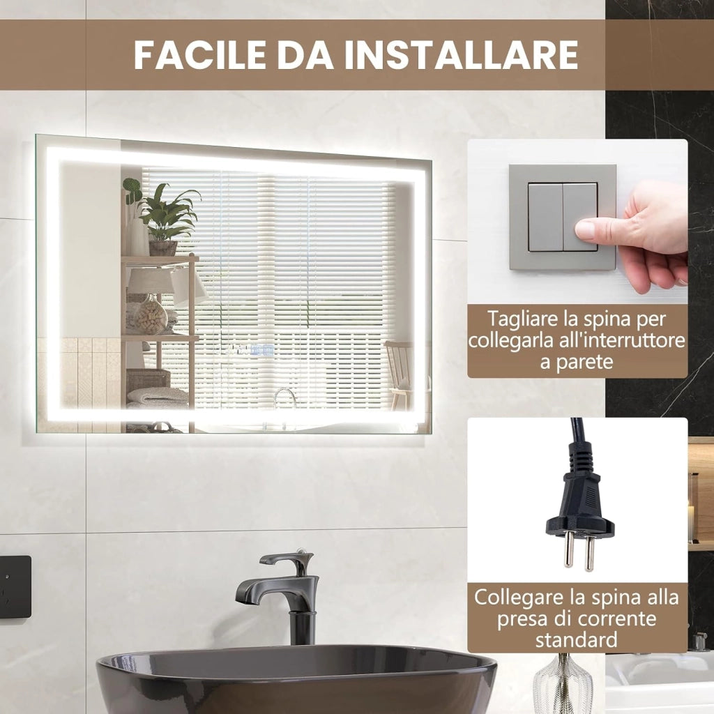 60x40/75x50 cm Specchio da Bagno a LED, Specchio Rettangolare a Parete con Luminosità Regolabile, 3 Temperature di Colore, Funzione Anti-appannamento e Memoria (60 cm x 40 cm)