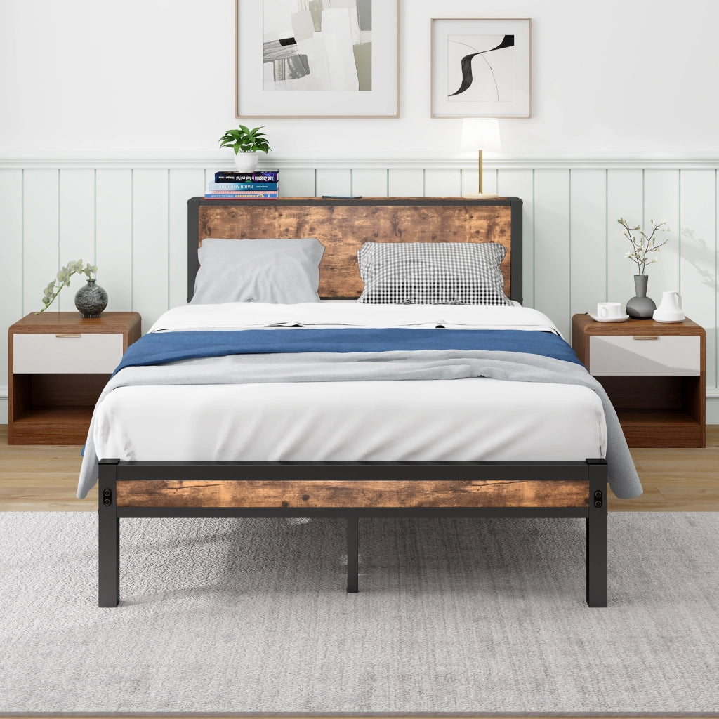 Letto singolo in metallo 120x200 con testiera contenitore; marrone vintage; senza boxspring