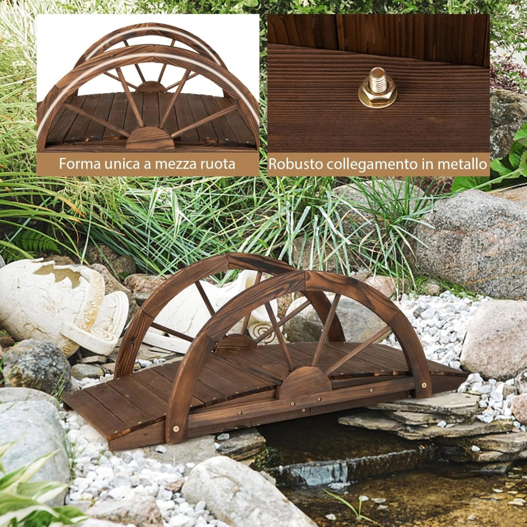 Ponte in Legno da Giardino, Ponte Decorativo per Giardino con Doppia Ringhiera a Mezza Ruota Costruzione, in Legno di Abete, capacità di Carico 75 kg